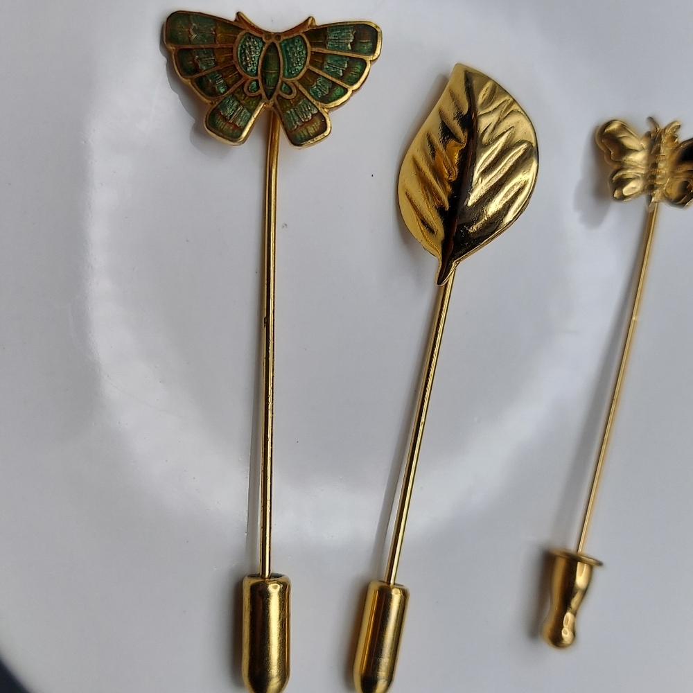 3 Vintage Goldtone Butterfly & Leaf Stick Pins.